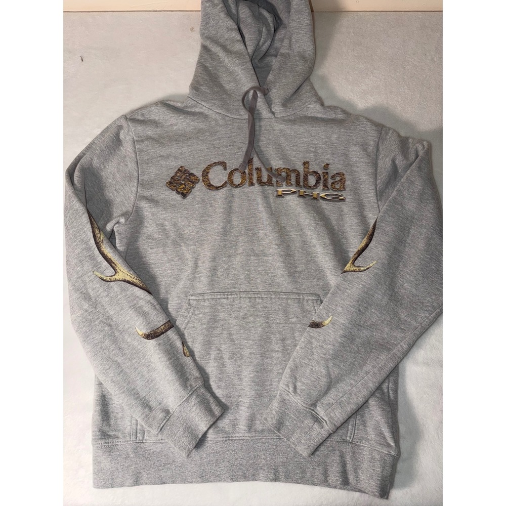 Columbia Hoodie Mens Small Gray Camo Logo Antler Graphic Pullover Sweatshirt